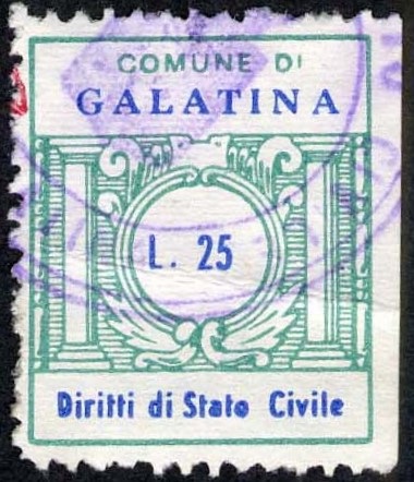 Marca da Bollo del Comune di GALATINA su Carta Bianca di dimensioni 21 x 25 mm