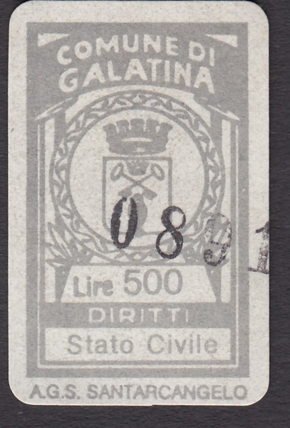 Marca da Bollo del Comune di GALATINA su Carta Bianca Sottile di dimensioni 18,5 x 32 mm