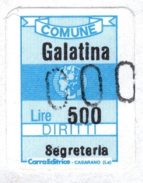 Marca da Bollo del Comune di GALATINA su Carta Bianca Sottile di dimensioni 18,5 x 32 mm