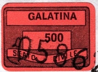 Marca da Bollo del Comune di GALATINA su Carta Colorata di dimensioni 19 x 14 mm