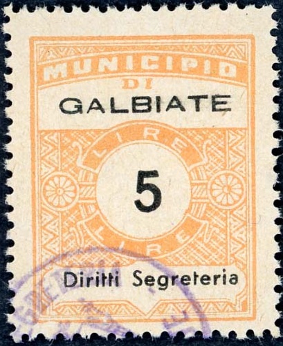 Marca da Bollo del Comune di GALBIATE su Carta Bianca Sottile di dimensioni 22,5 x 29 mm