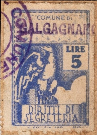 Marca da Bollo del Comune di GALGAGNANO su Carta Bianca di dimensioni 21 X 32 mm