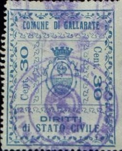Marca da Bollo del Comune di GALLARATE su Carta Bianca di dimensioni 22,5 x 29 mm