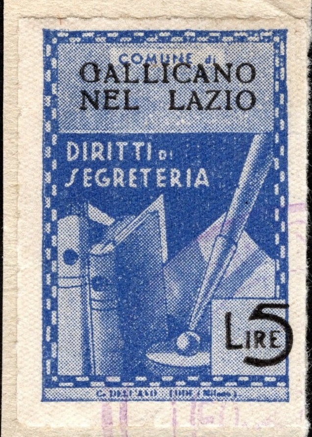 Marca da Bollo del Comune di GALLICANO NEL LAZIO su Carta Bianca di dimensioni 22,5 X 33 mm