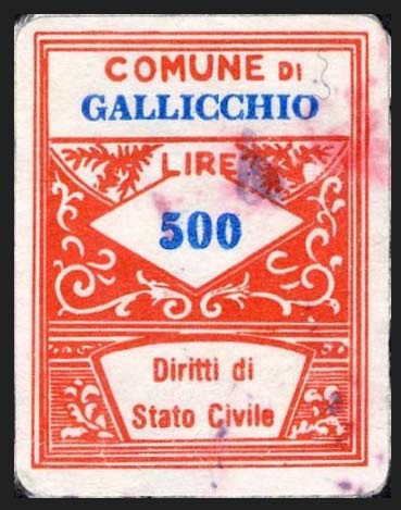 Marca da Bollo del Comune di GALLICCHIO su Carta Bianca di dimensioni 21,5 x 28 mm