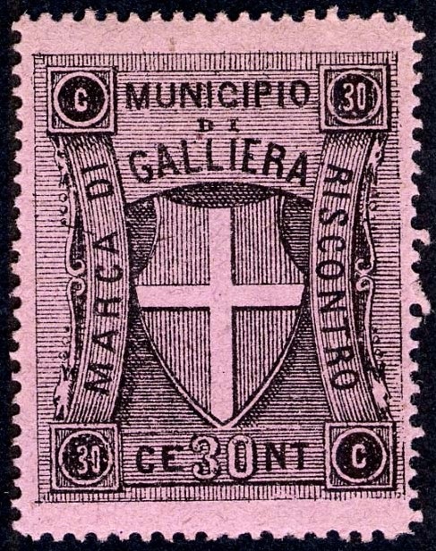 Marca da Bollo del Comune di GALLIERA su Carta Bianca di dimensioni 29 x 35 mm