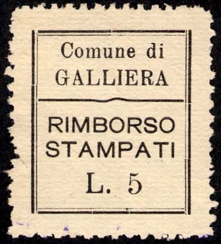 Marca da Bollo del Comune di GALLIERA su Carta Bianca di dimensioni 20 x 22 mm