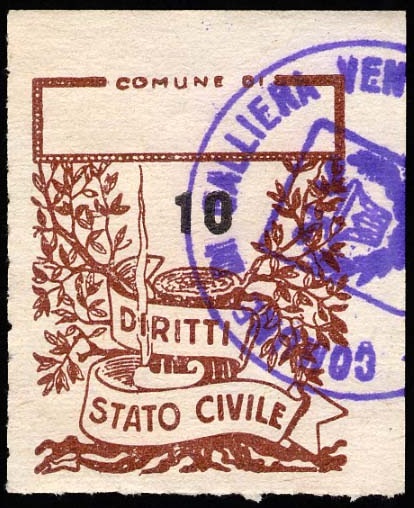 Marca da Bollo del Comune di GALLIERA VENETA su Carta Bianca di dimensioni 22 x 27,5 mm