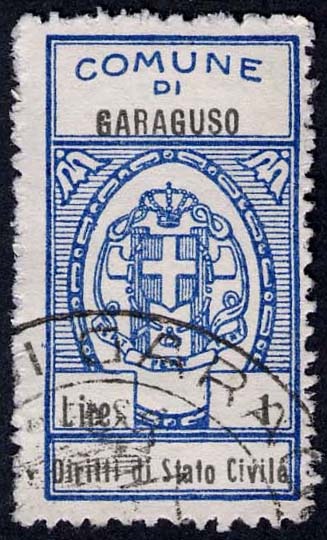 Marca da Bollo del Comune di GARAGUSO su Carta Bianca di dimensioni 17,5 x 33,5 mm