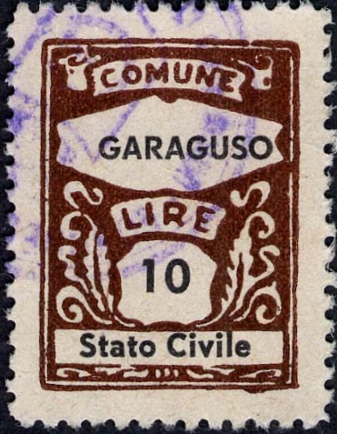 Marca da Bollo del Comune di GARAGUSO su Carta Bianca di dimensioni 15 x 19,5 mm