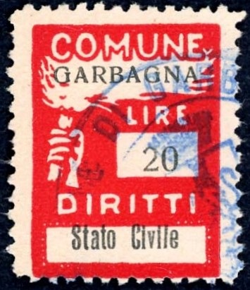 Marca da Bollo del Comune di GARBAGNA su Carta Bianca di dimensioni 18,5 x 25 mm