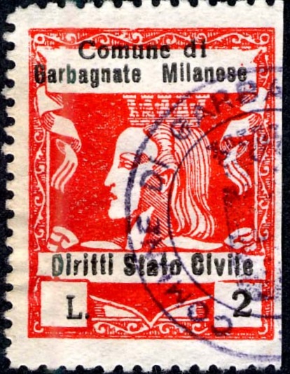 Marca da Bollo del Comune di GARBAGNATE MILANESE su Carta Bianca di dimensioni 23 x 29,5 mm