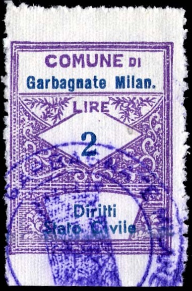 Marca da Bollo del Comune di GARBAGNATE MILANESE su Carta Bianca Sottile di dimensioni 22 x 29 mm