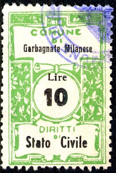 Marca da Bollo del Comune di GARBAGNATE MILANESE su Carta Bianca Sottile di dimensioni 22 x 35 mm