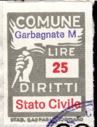 Marca da Bollo del Comune di GARBAGNATE MILANESE su Carta Bianca Sottile di dimensioni 15 x 25,5 mm