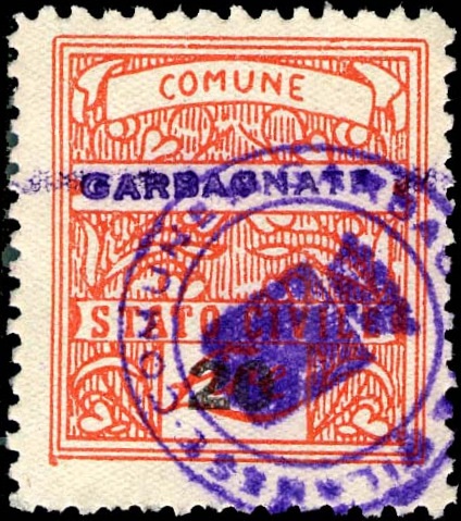 Marca da Bollo del Comune di GARBAGNATE MILANESE su Carta Bianca di dimensioni 23,5 x 26,5 mm