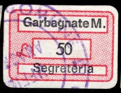 Marca da Bollo del Comune di GARBAGNATE MILANESE su Carta Bianca di dimensioni 19 x 12,5 mm