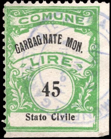 Marca da Bollo del Comune di GARBAGNATE MONASTERO su Carta Bianca Sottile di dimensioni 22,5 x 29 mm