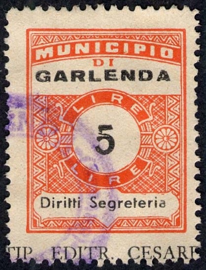 Marca da Bollo del Comune di GARLENDA su Carta Bianca di dimensioni 22,5 x 29 mm