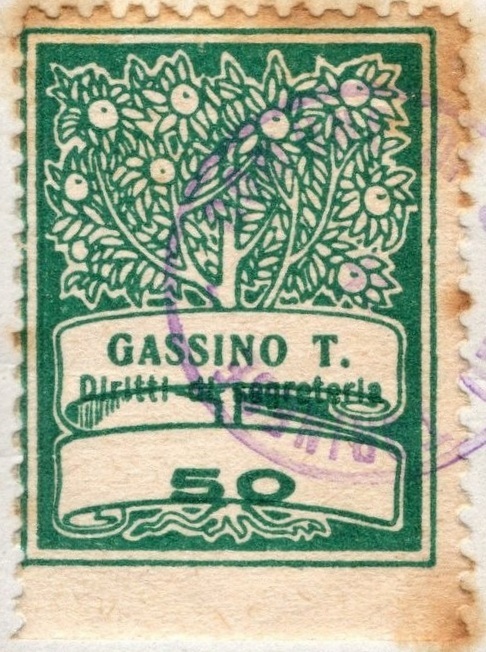 Marca da Bollo del Comune di GASSINO TORINESE su Carta Bianca di dimensioni 22 x 29 mm