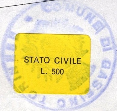 Marca da Bollo del Comune di GASSINO TORINESE su Carta Colorata di dimensioni 18 x 14 mm