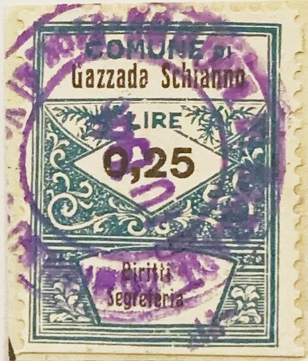 Marca da Bollo del Comune di GAZZADA SCHIANNO su Carta Bianca di dimensioni 22,5 x 30 mm