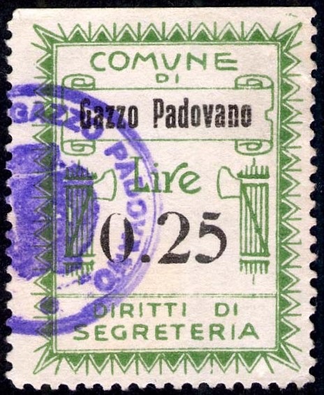 Marca da Bollo del Comune di GAZZO PADOVANO su Carta Bianca di dimensioni 27 x 35 mm