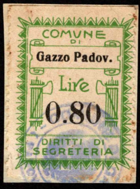 Marca da Bollo del Comune di GAZZO PADOVANO su Carta Bianca di dimensioni 27 x 35 mm