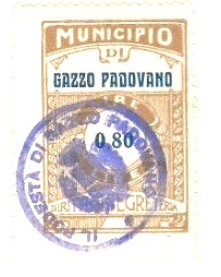 Marca da Bollo del Comune di GAZZO PADOVANO su Carta Bianca di dimensioni 23,5 X 30,5 mm