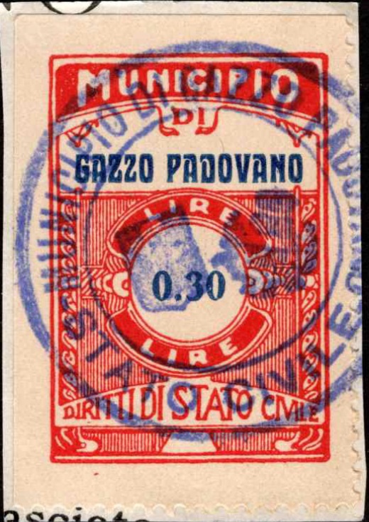 Marca da Bollo del Comune di GAZZO PADOVANO su Carta Bianca di dimensioni 23,5 X 30,5 mm