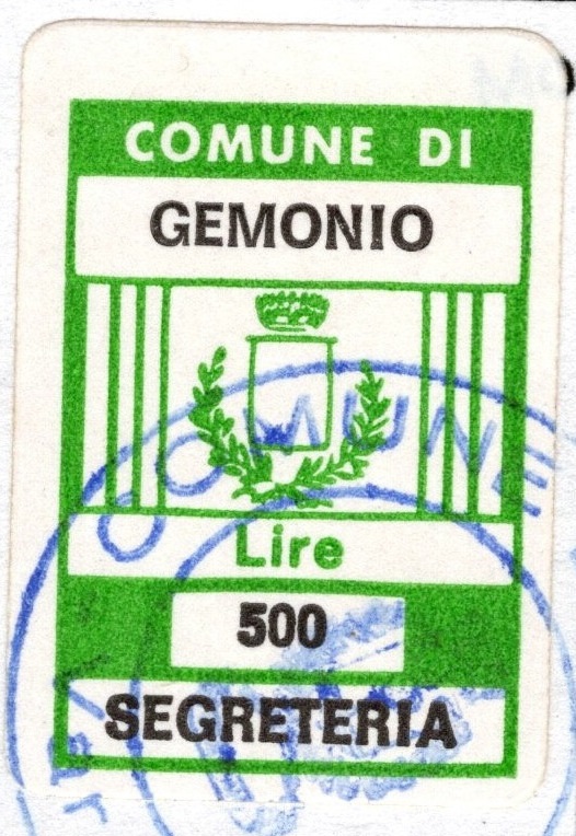 Marca da Bollo del Comune di GEMONIO su Carta Bianca di dimensioni 16 c 23 mm
