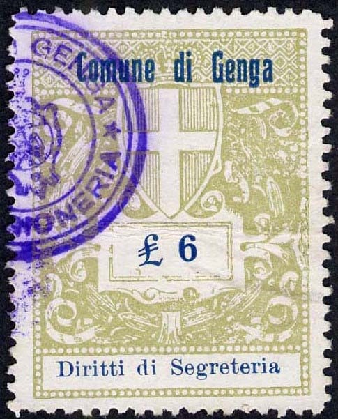 Marca da Bollo del Comune di GENGA su Carta Bianca di dimensioni 27,5 x 37 mm