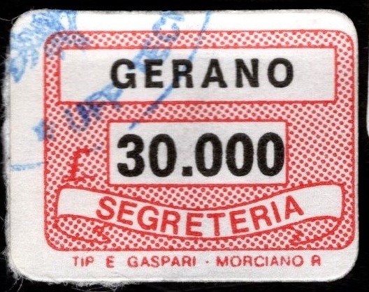 Marca da Bollo del Comune di GERANO su Carta Bianca di dimensioni 19 x 13 mm
