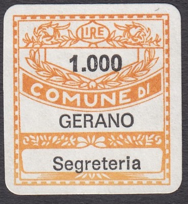 Marca da Bollo del Comune di GERANO su Carta Bianca di dimensioni 19 x 21 mm