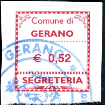 Marca da Bollo del Comune di GERANO su Carta Bianca di dimensioni 19 x 21 mm