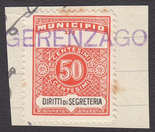 Marca da Bollo del Comune di GERENZAGO su Carta Bianca di dimensioni 22,5 x 29 mm