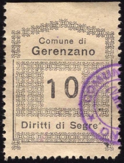 Marca da Bollo del Comune di GERENZANO su Carta Bianca di dimensioni 24 x 29 mm