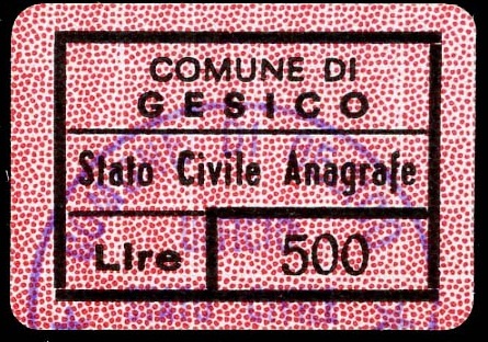 Marca da Bollo del Comune di GESICO su Carta Colorata di dimensioni 24,5 X 17 mm