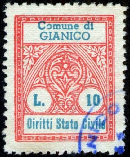 Marca da Bollo del Comune di GIANICO su Carta Bianca di dimensioni 21,5 x 27 mm