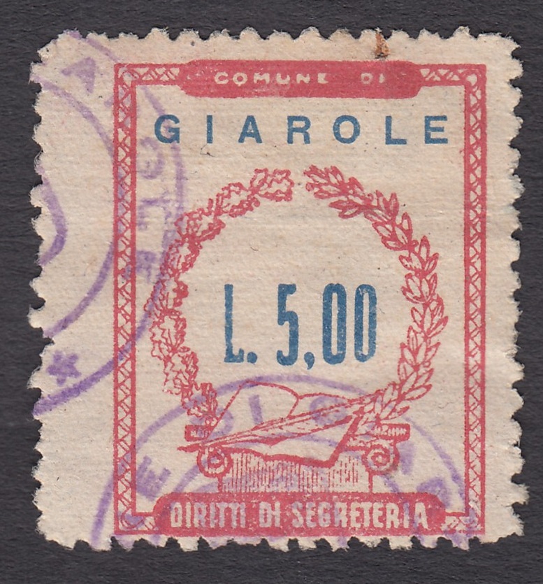 Marca da Bollo del Comune di GIAROLE su Carta Bianca di dimensioni 22 x 29 mm