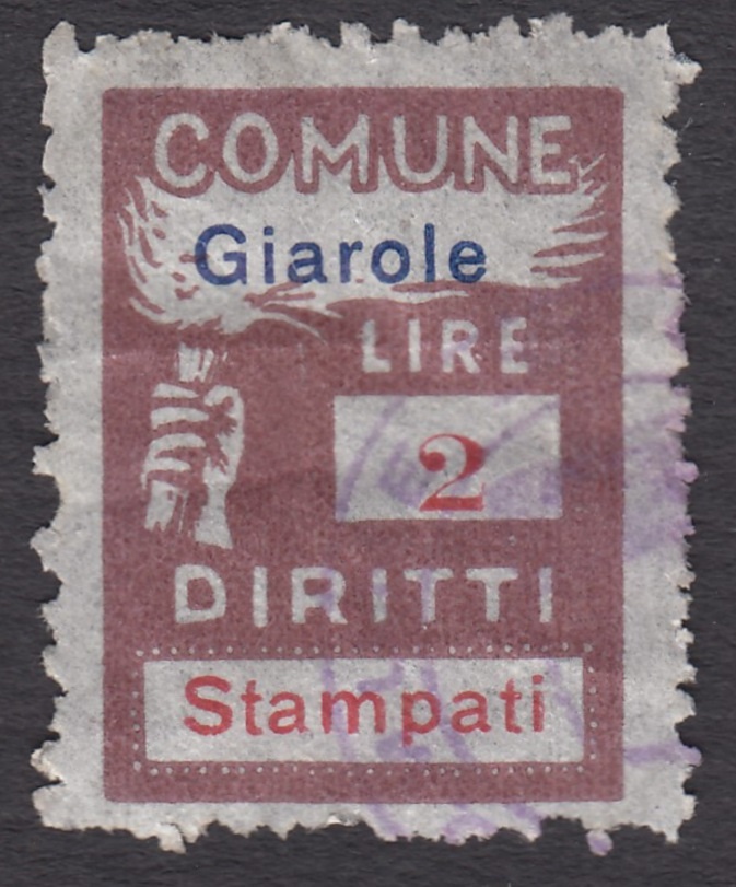 Marca da Bollo del Comune di GIAROLE su Carta sottile di dimensioni 18 x 25 mm