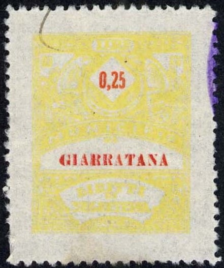 Marca da Bollo del Comune di GIARRATANA su Carta Bianca Sottile di dimensioni 22,5 x 29 mm