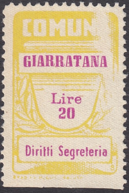 Marca da Bollo del Comune di GIARRATANA su Carta Bianca di dimensioni 21 x 38 mm