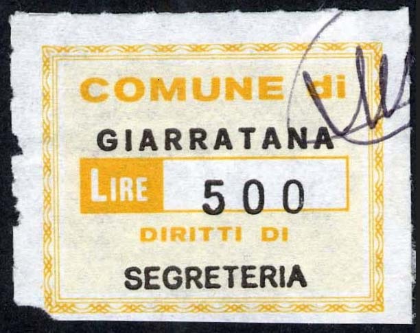 Marca da Bollo del Comune di GIARRATANA su di dimensioni 34 x 27 mm