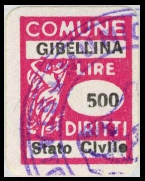 Marca da Bollo del Comune di GIBELLINA su Carta Bianca di dimensioni 15 x 20 mm