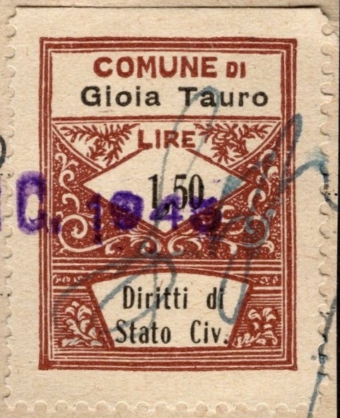 Marca da Bollo del Comune di GIOIA TAURO su Carta Bianca di dimensioni 19 x 25 mm