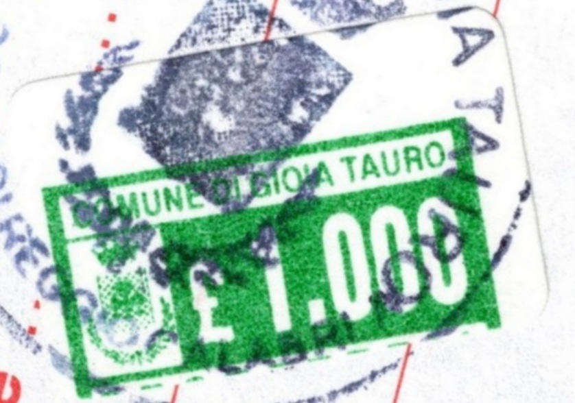 Marca da Bollo del Comune di GIOIA TAURO su Carta Bianca di dimensioni 24 x 15 mm
