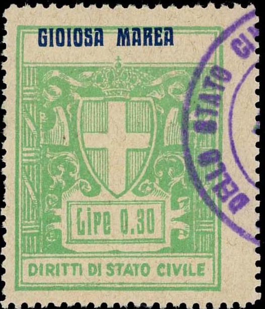 Marca da Bollo del Comune di GIOIOSA MAREA su Carta Bianca Sottile di dimensioni 27 x 36 mm