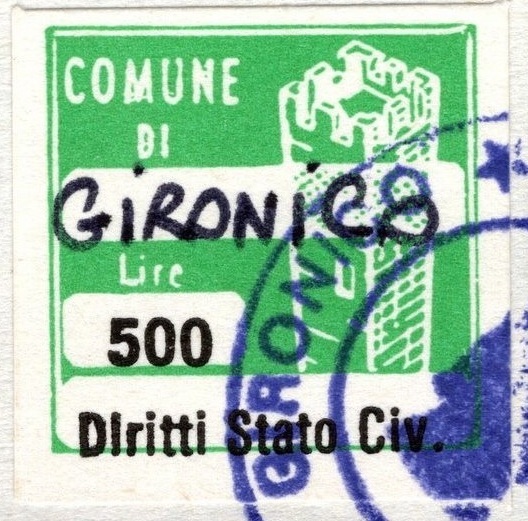 Marca da Bollo del Comune di GIRONICO su Carta Bianca di dimensioni 20 x 20 mm