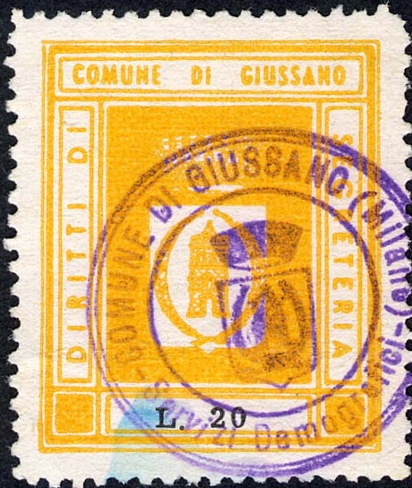 Marca da Bollo del Comune di GIUSSANO su Carta Bianca di dimensioni 22,5 x 30 mm